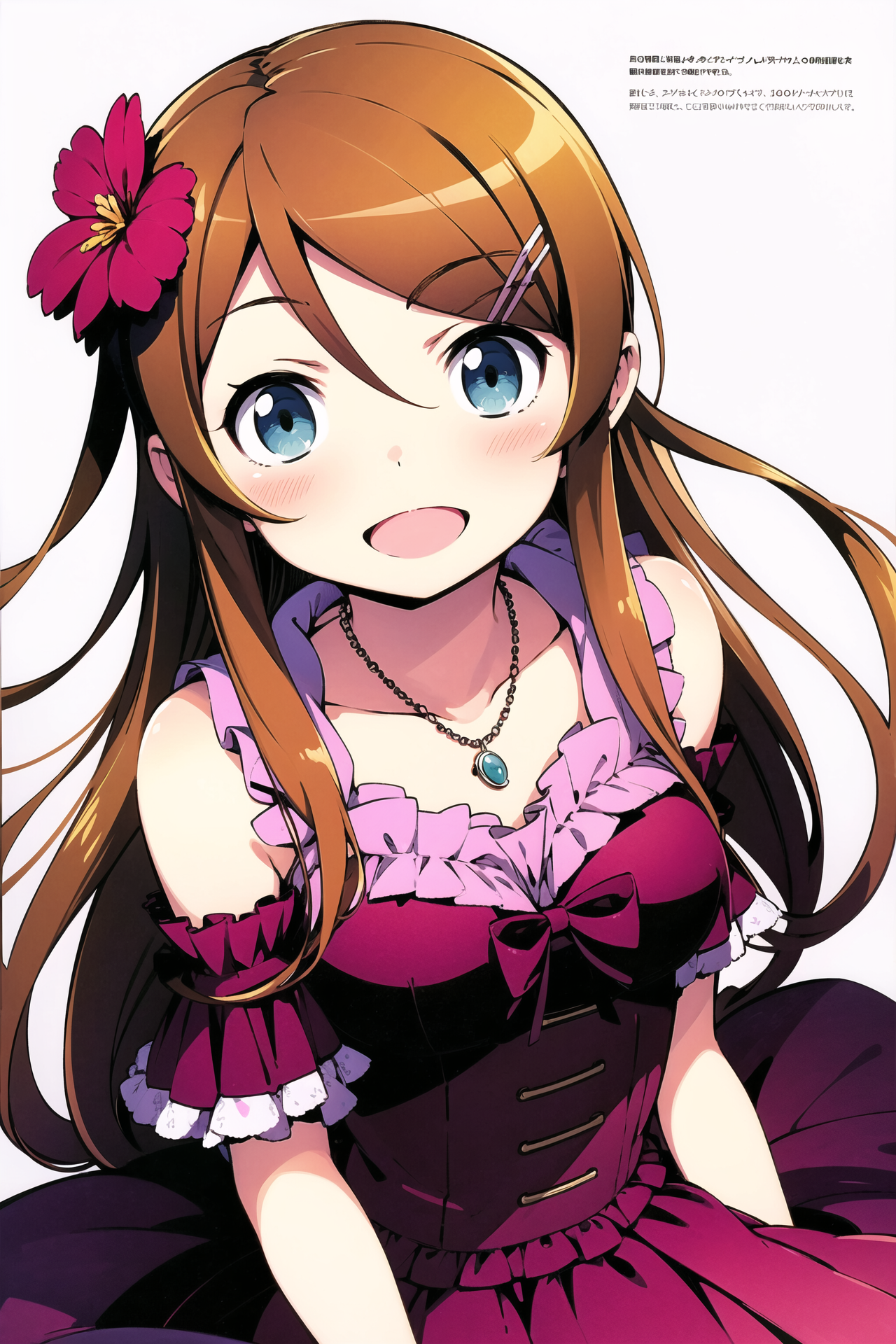 06904-3117276829-1girl, kousaka kirino, hair ornament, gloves, solo, flower, long hair, dress, open mouth, necklace, hairclip, blush, smile, jewe.png